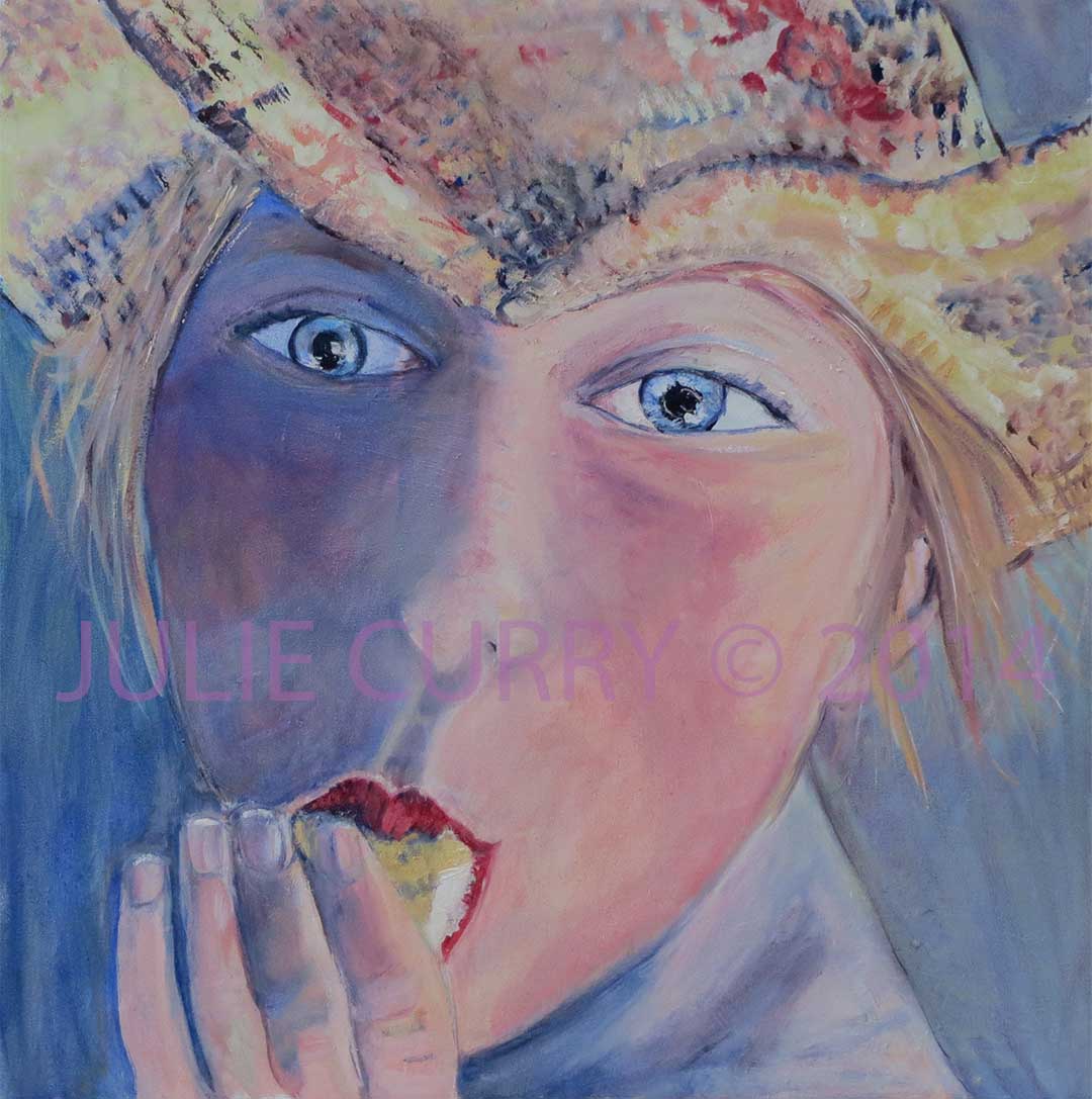 An oil painting portrait of a young girl eating chicken nuggets by Julie Curry an oil painter